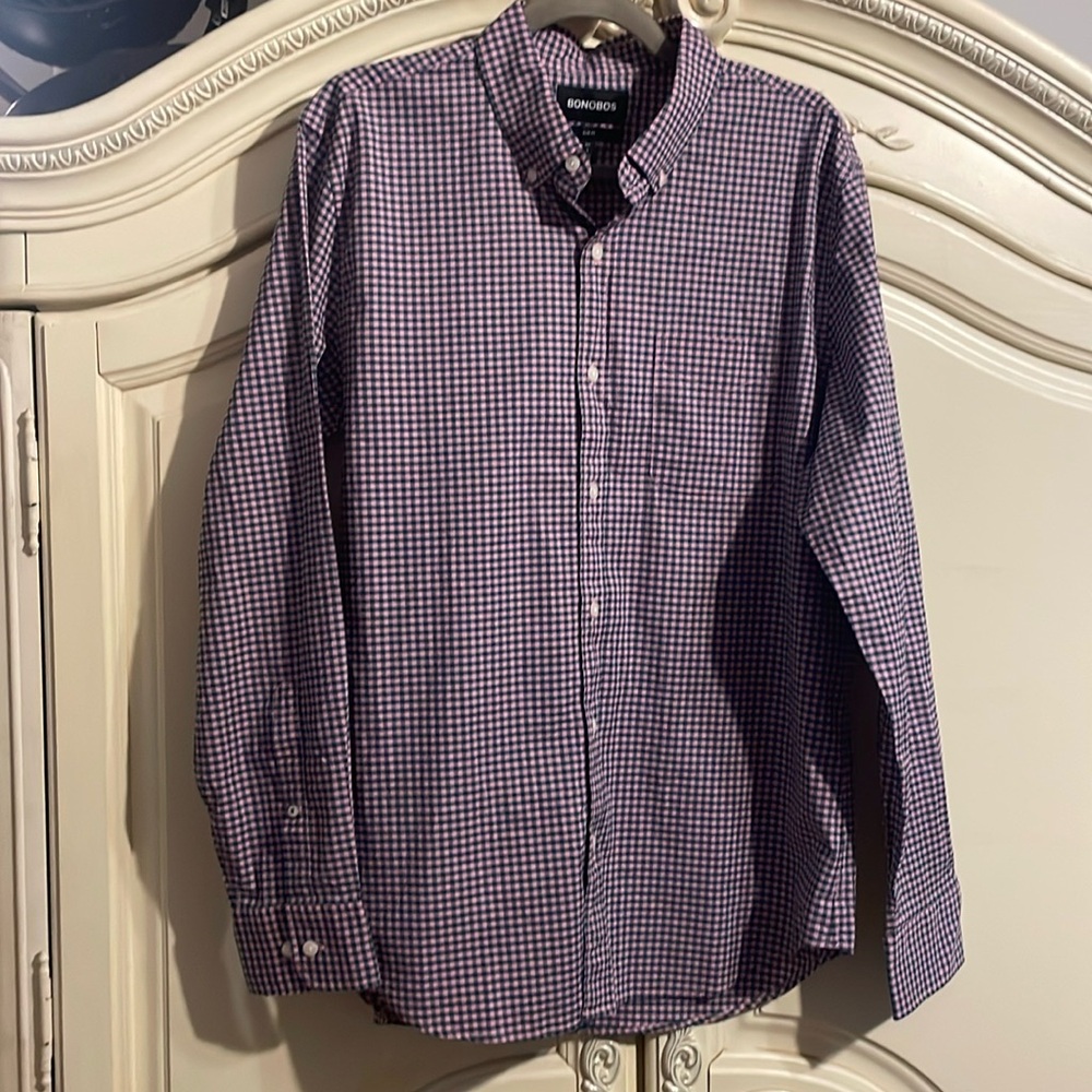 NWT Bonobos Men’s Dress Shirt Slim Fit Button Front Pink and Blue Sz L